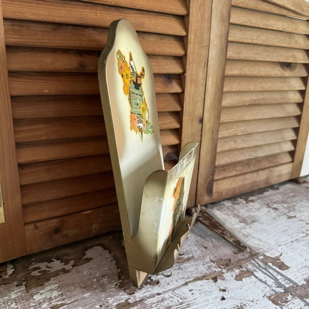 Vintage Metal Wall Mail Organizer Key Rack Floral Coffee Grinder Decal MCM Retro